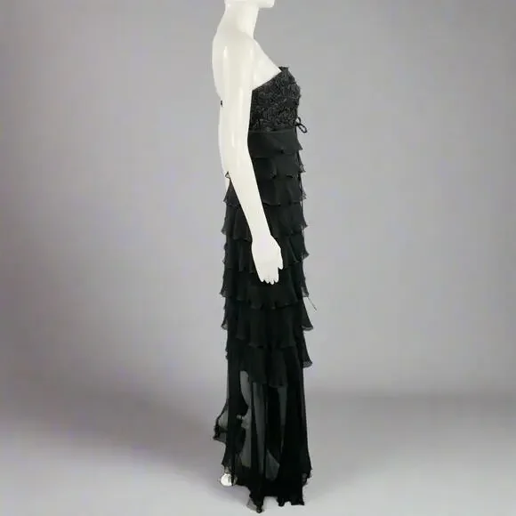 SHAWN RAY FONS Size 6 Black Silk Lace Ruffle Long Cocktail Dress